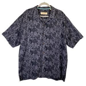 Tommy Bahama 100% Silk Shirt Blue Gray Floral Button Front Hawaiian Island
